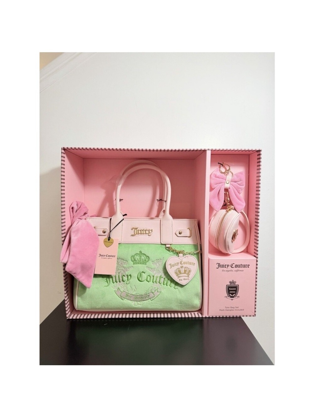 Juicy Couture Pink & Mint Velour Satchel Gift Set with Bow Keychain